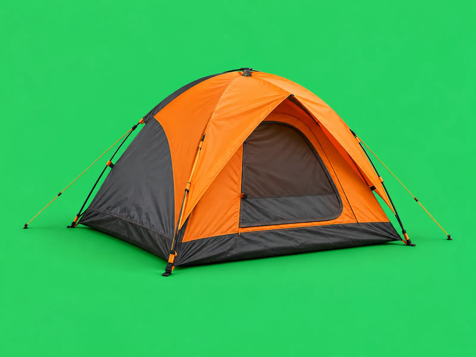 Barraca de camping laranja sobre fundo verde