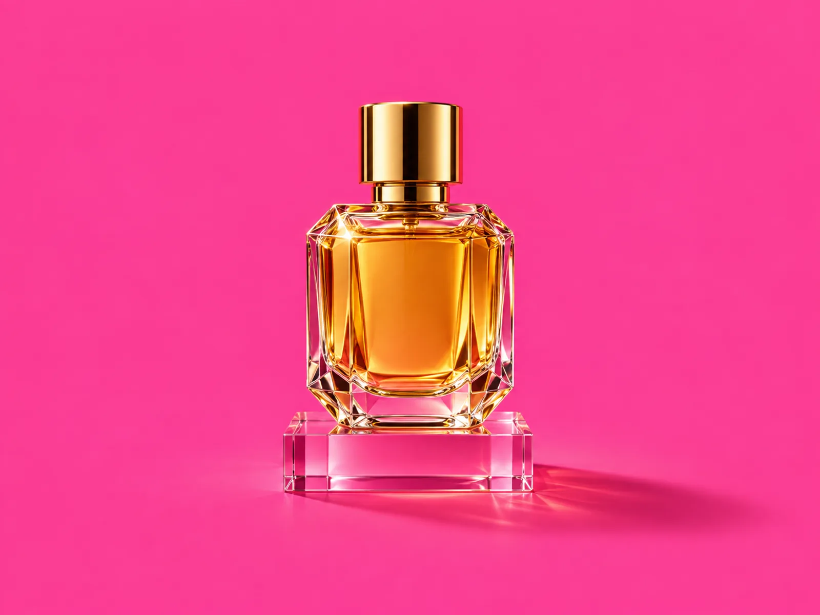 Frasco de perfume âmbar sobre fundo rosa
