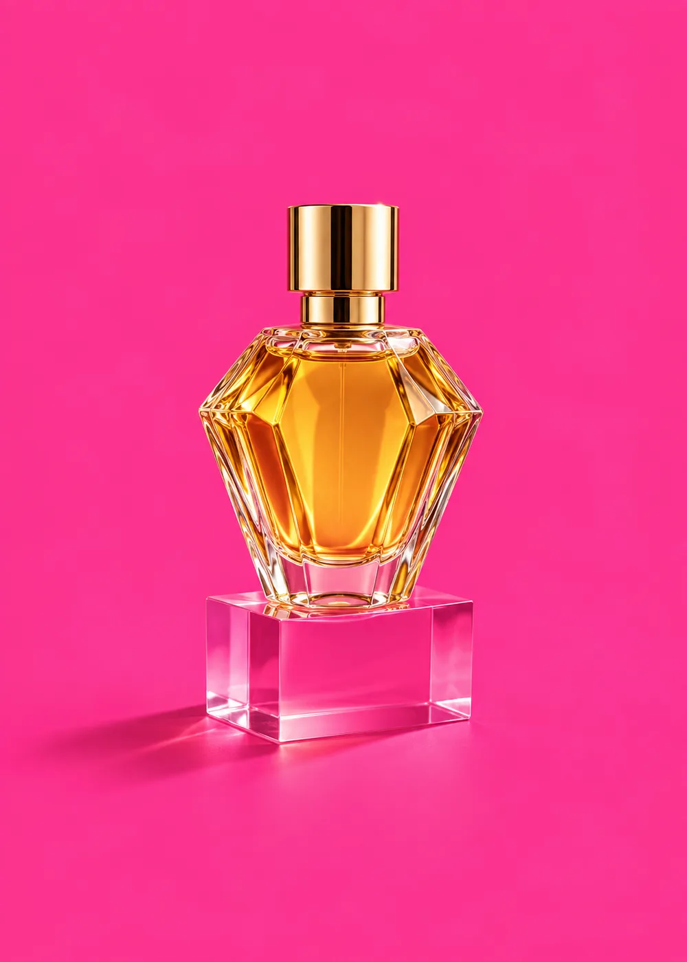 Frasco de perfume âmbar sobre fundo rosa